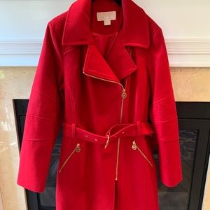 Michael Kors  Red Asymmetrical-Zip Belted Coat